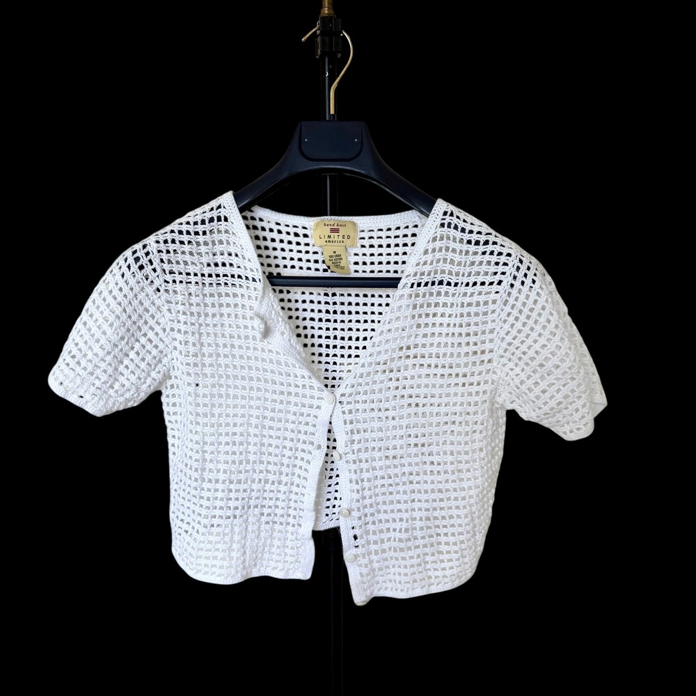 Limited America Hand Knit White Crochet Cardigan Beach Cover Cotton M